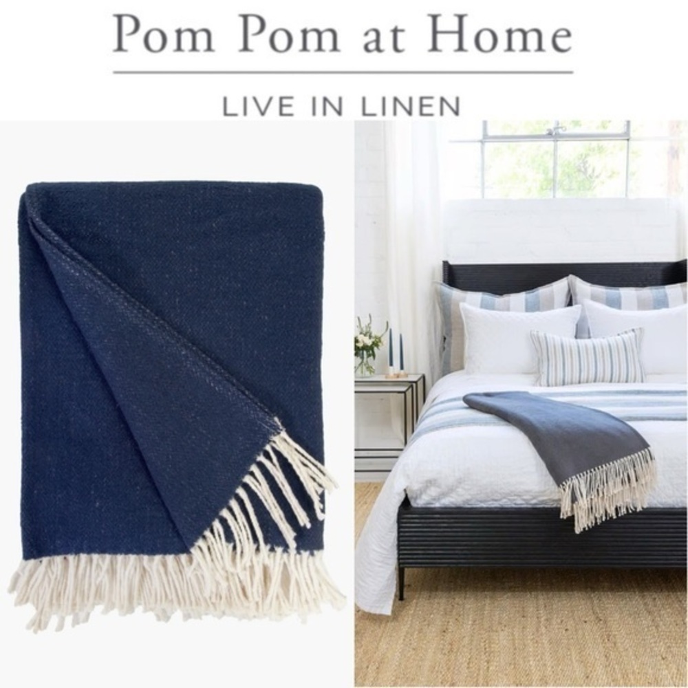 Pom Pom at Home Billie Fringe Cotton Throw Blanket in Navy NWT